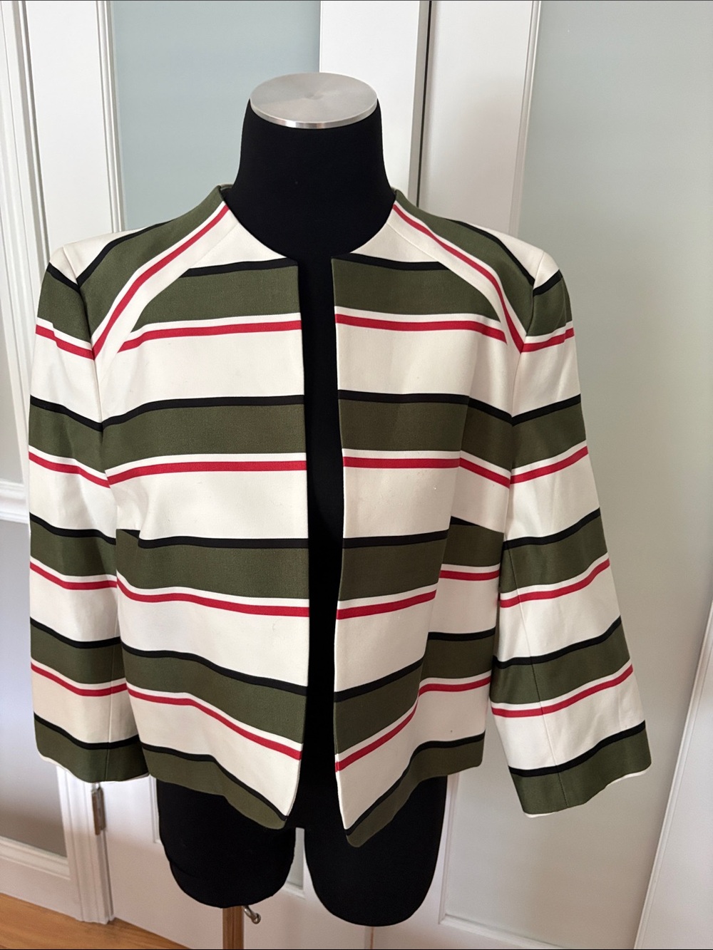 Nine West Olive, White & Red Striped Cropped Blazer
